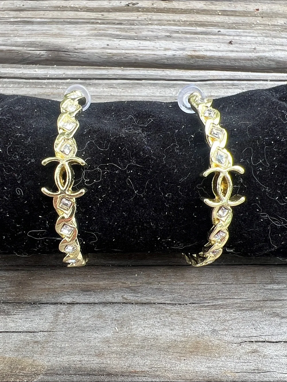 CHANEL Gold-Tone Hoop Earrings with Crystal Accents - Picture 3 of 14